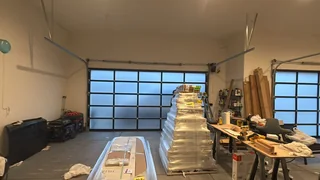 Garage interior with frosted glass garage doors