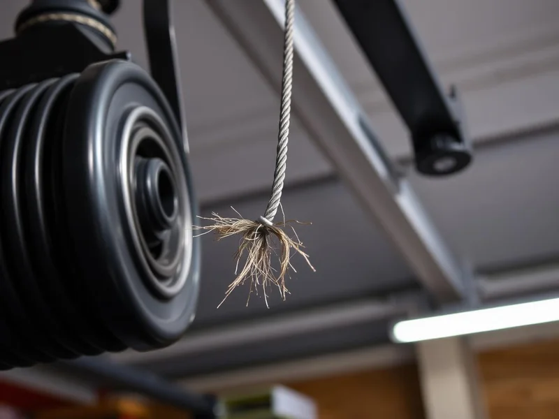Câble de porte de garage effiloché pendant avec rouille visible