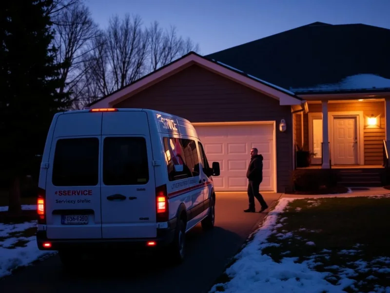 Service van in a Laval driveway at dusk with technician approaching a half-open garage door