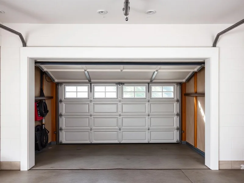 White garage door stopped mid-travel showing bent track