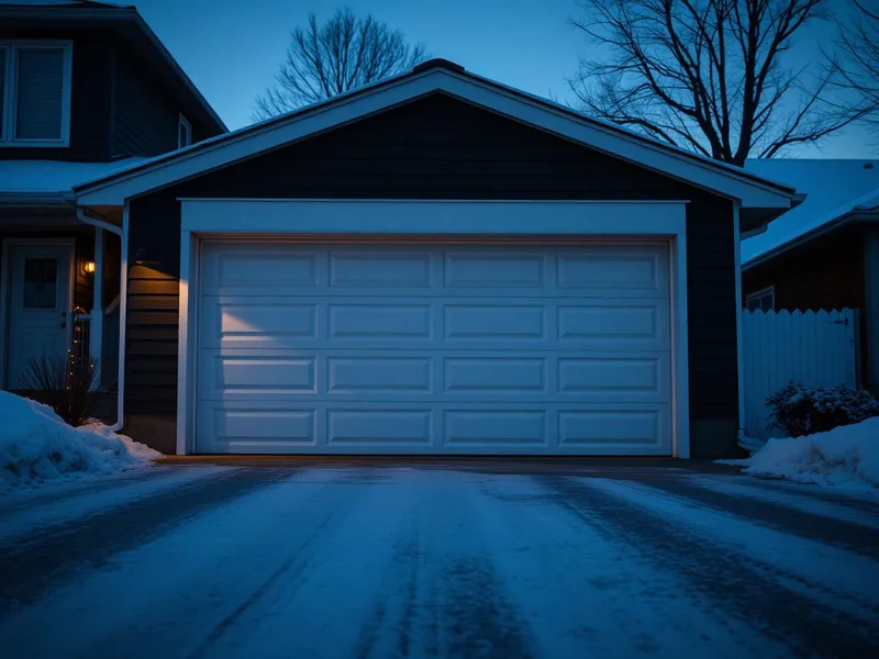 Porte de garage bloquée mi-ouverte la nuit dans une allée montréalaise